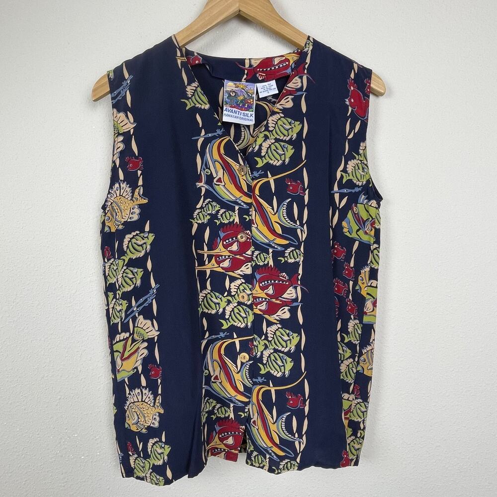 Avanti Original Hawaiian Shirt Women’s Size S 100%‎ Silk Fish Print Sleeveless